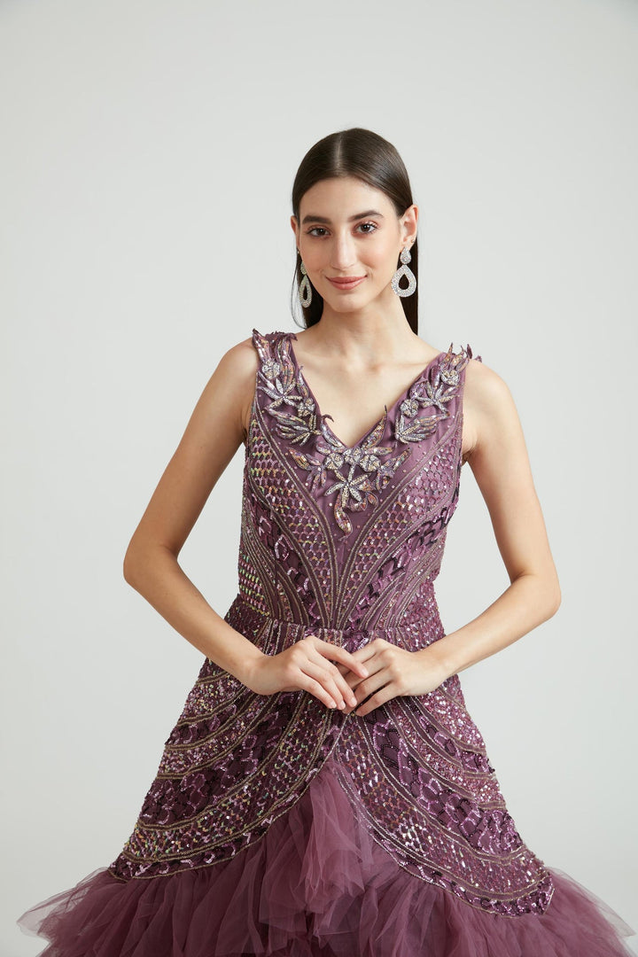 Neerus Maroon net embroidered gown - back view