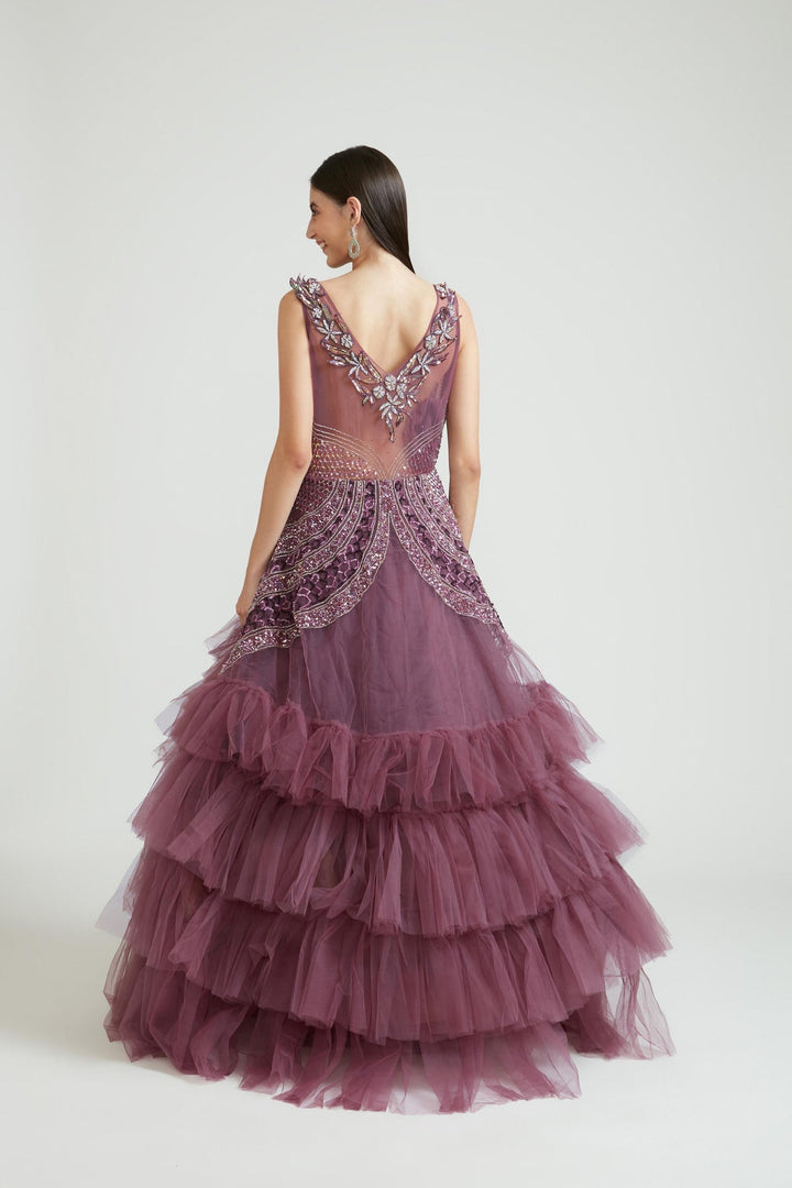 Neerus Maroon net embroidered gown - side view