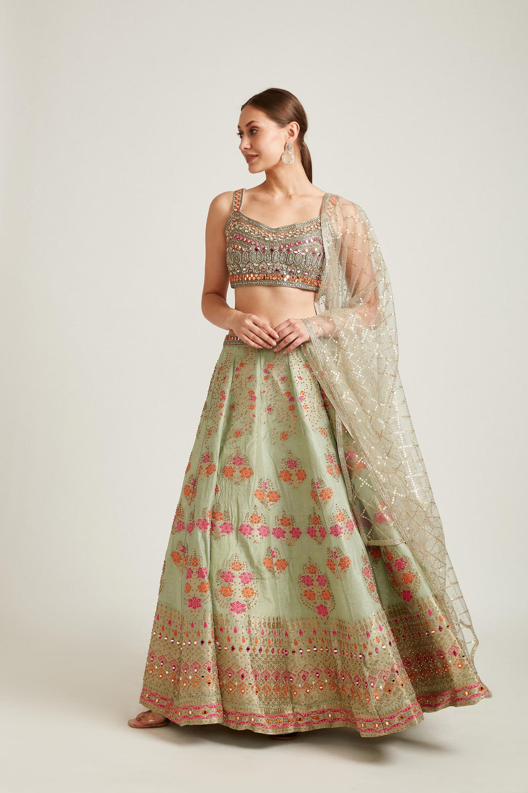 Neerus Green Banarasi woven lehenga choli set - back view