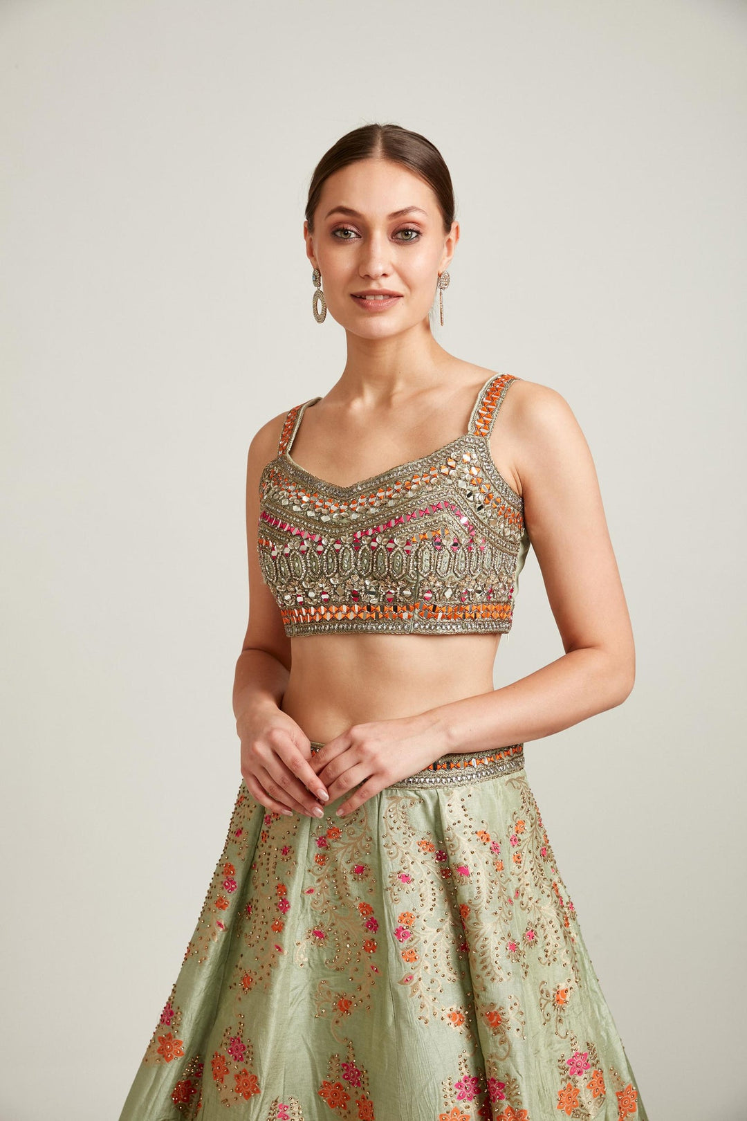 Neerus Green Banarasi woven lehenga choli set - detail view 1