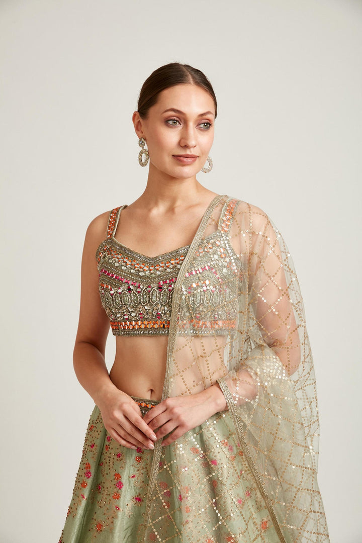 Neerus Green Banarasi woven lehenga choli set - detail view 2