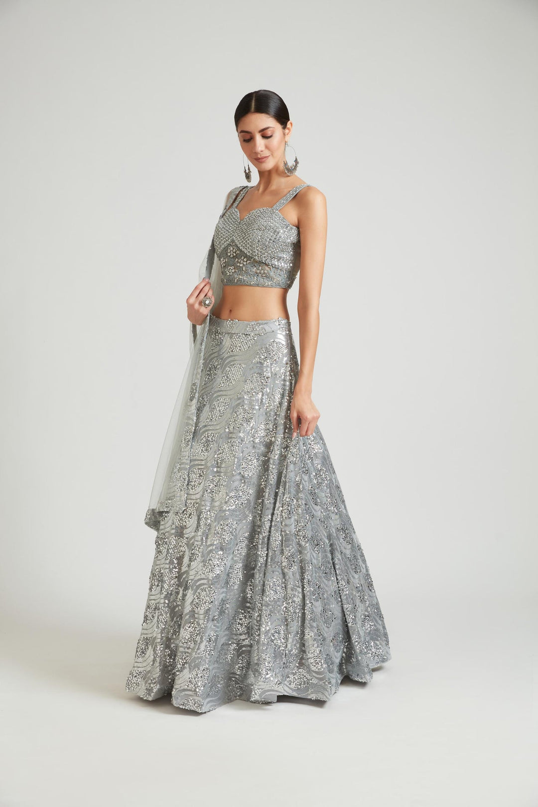 Neerus Grey net embellished lehenga choli set - back view