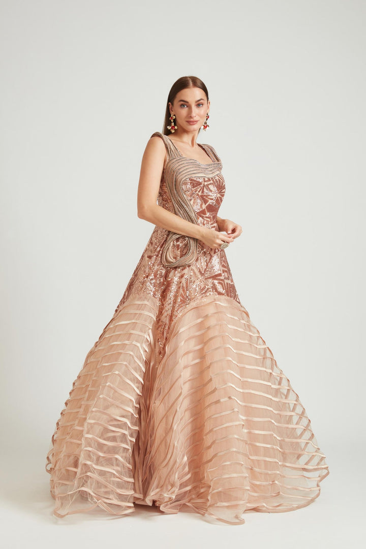 Neerus Gold net embroidered gown - back view