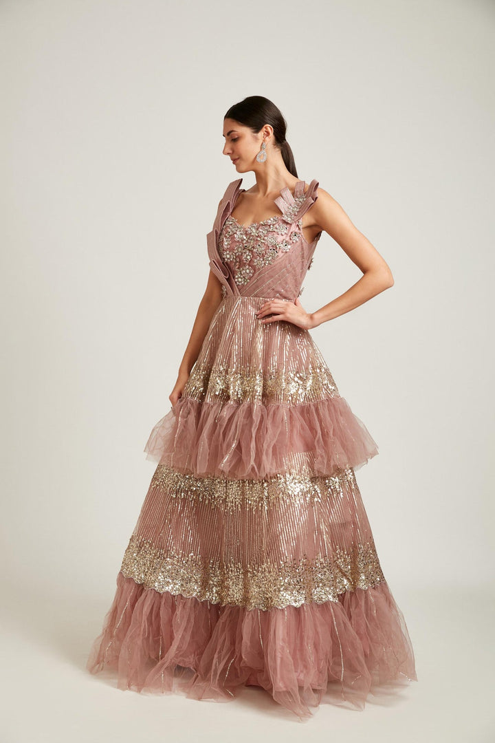 Neerus Pink net embroidered gown - back view