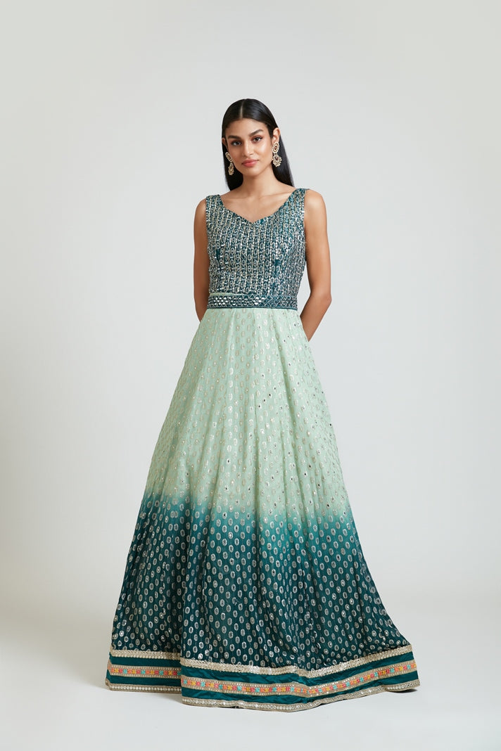 Neerus Green georgette embroidered dress - front view
