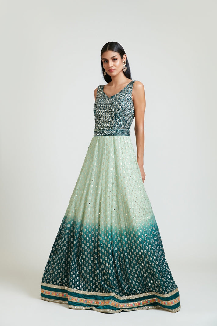 Neerus Green georgette embroidered dress - detail view 4