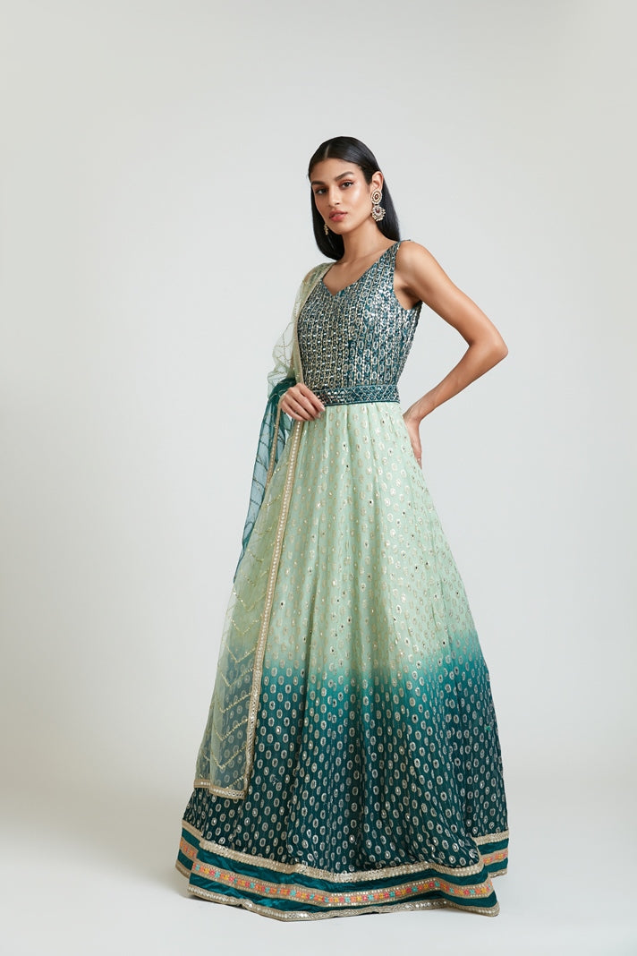 Neerus Green georgette embroidered dress - back view