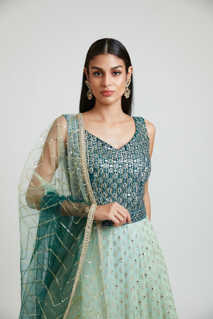 Neerus Green georgette embroidered dress - detail view 1