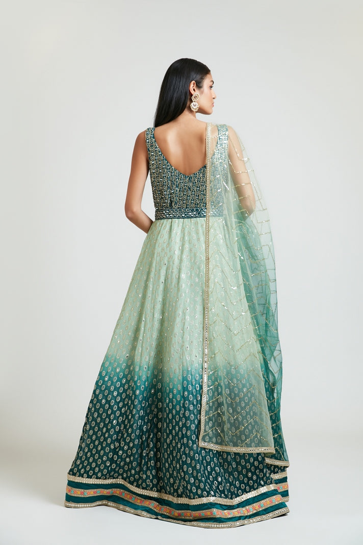 Neerus Green georgette embroidered dress - side view