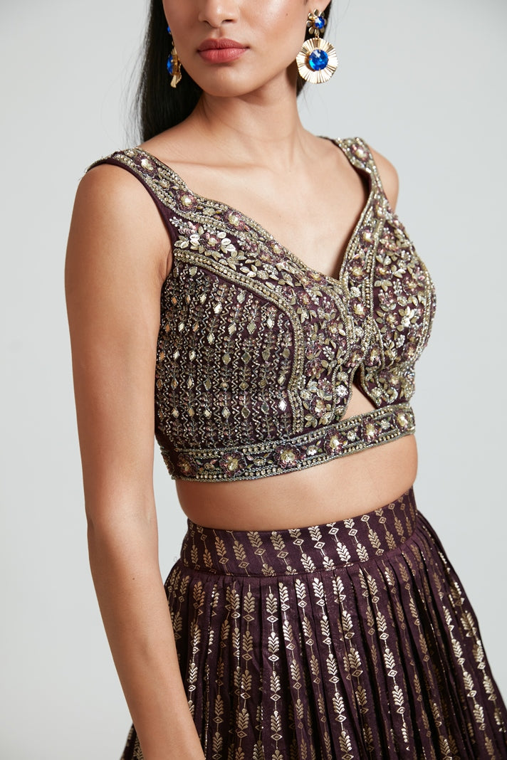 Neerus Maroon Banarasi woven lehenga set - detail view 1
