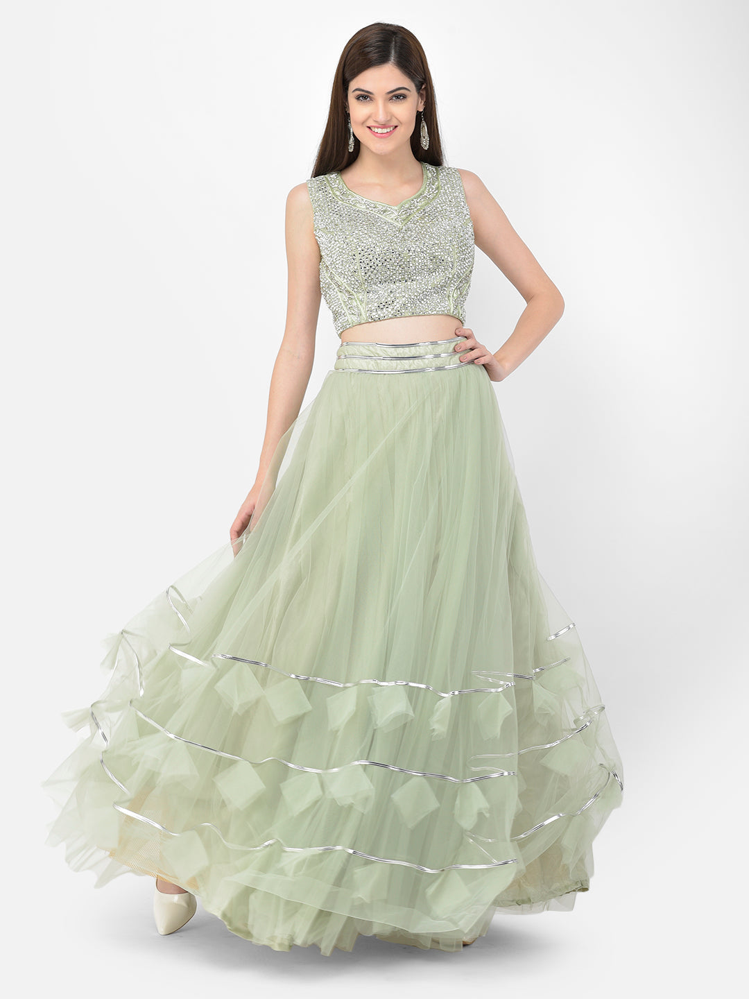 Neerus Green net embellished lehenga choli set - detail view 5