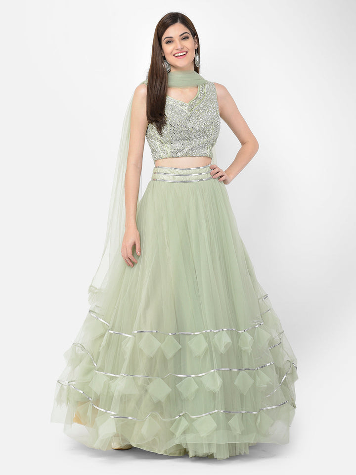 Neerus Green net embellished lehenga choli set - front view