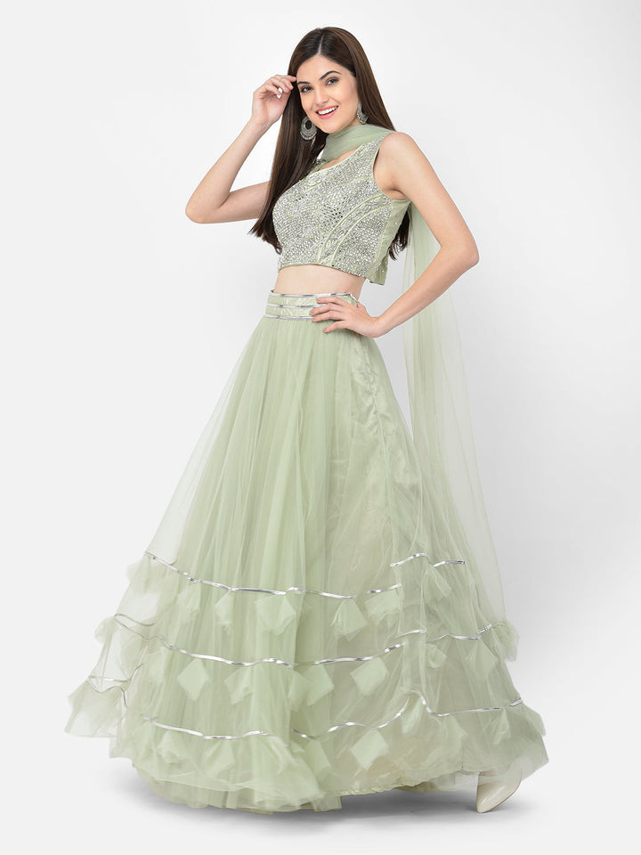 Neerus Green net embellished lehenga choli set - back view