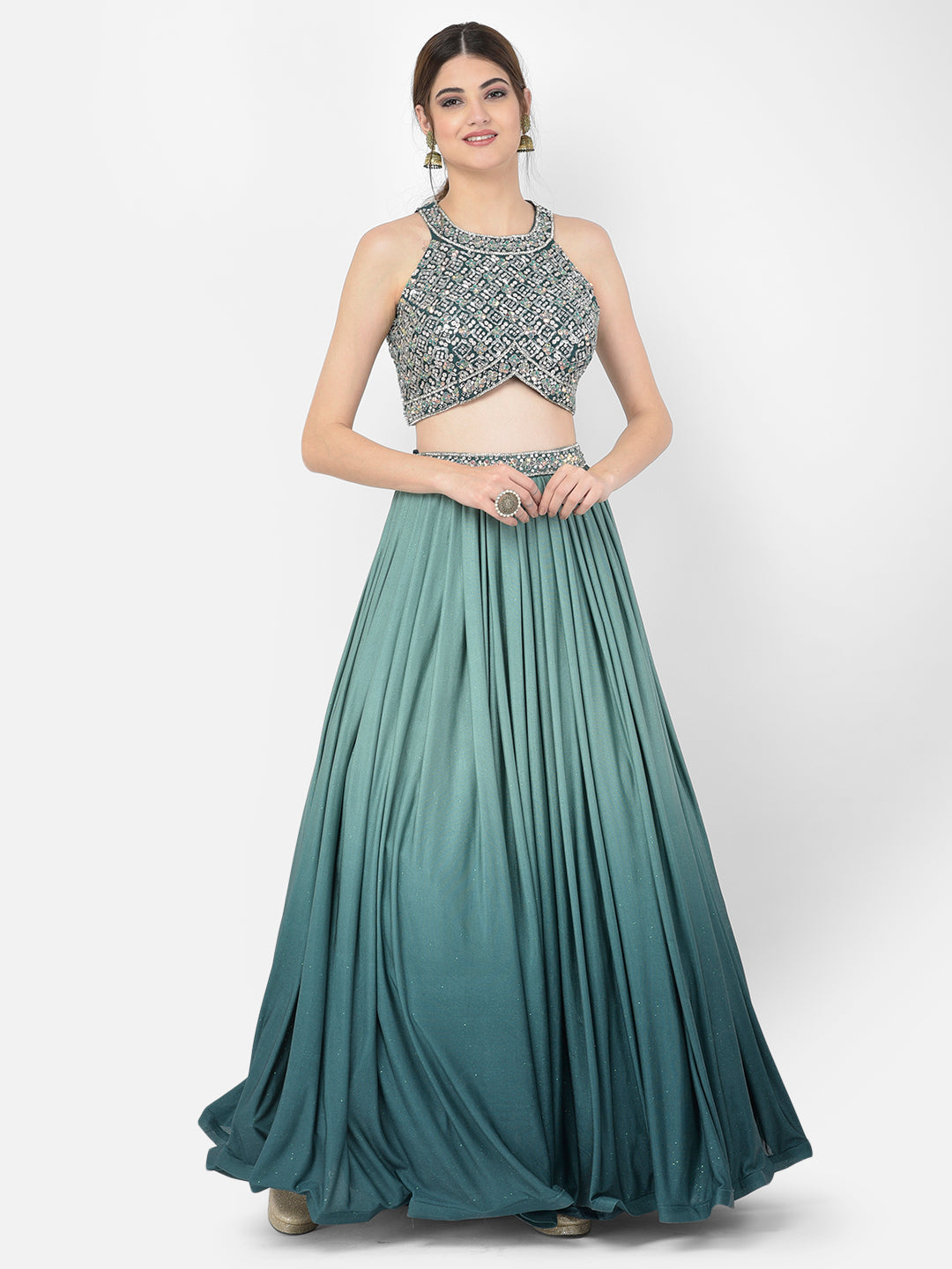 Neerus Green Lycra embellished lehenga choli - detail view 5