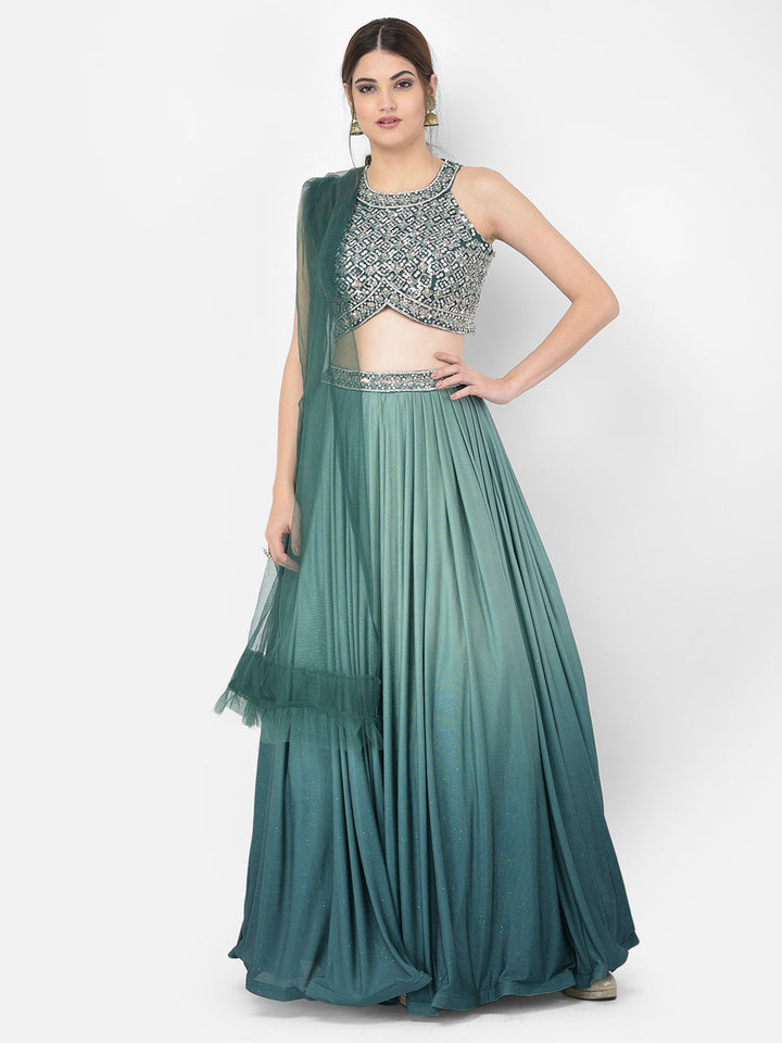Neerus Green Lycra embellished lehenga choli - front view