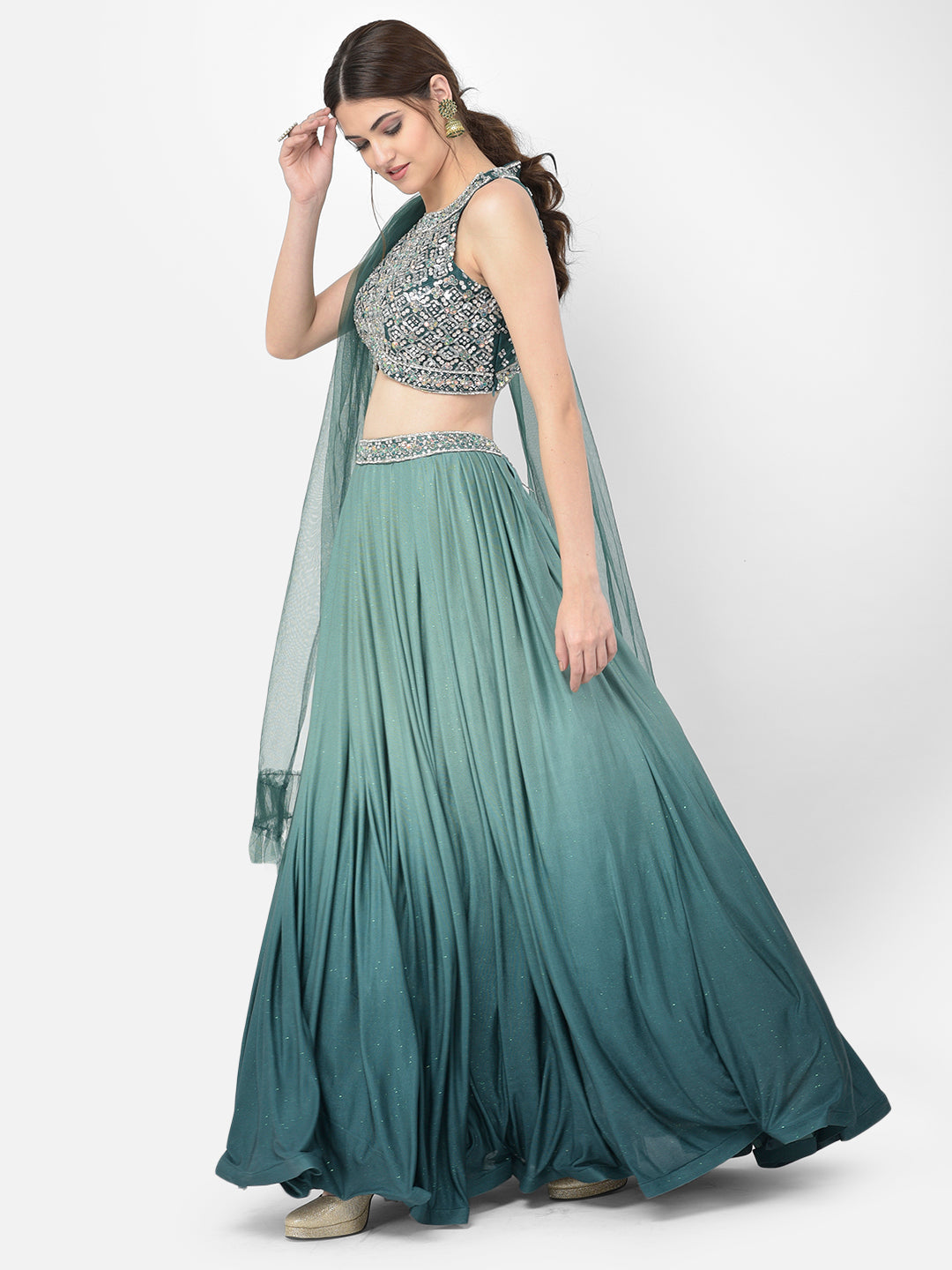 Neerus Green Lycra embellished lehenga choli - back view