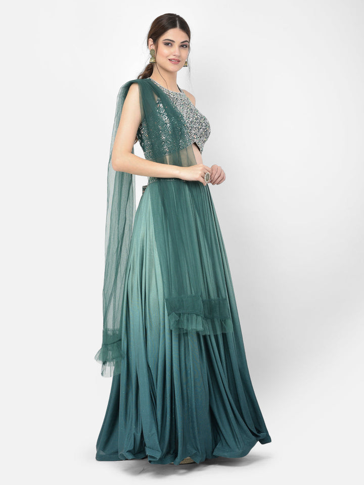 Neerus Green Lycra embellished lehenga choli - side view