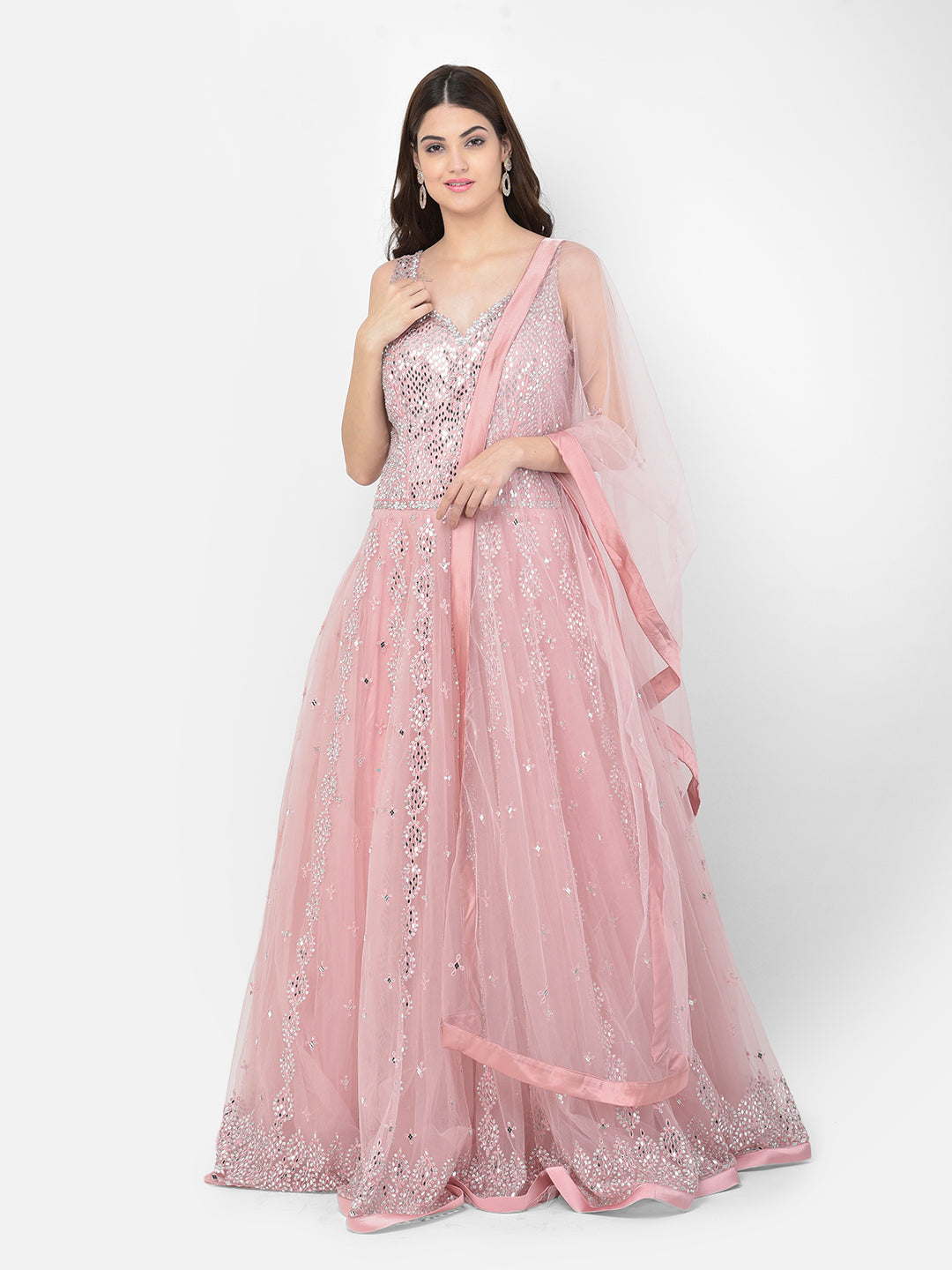Neerus Pink net mirror work gown - front view