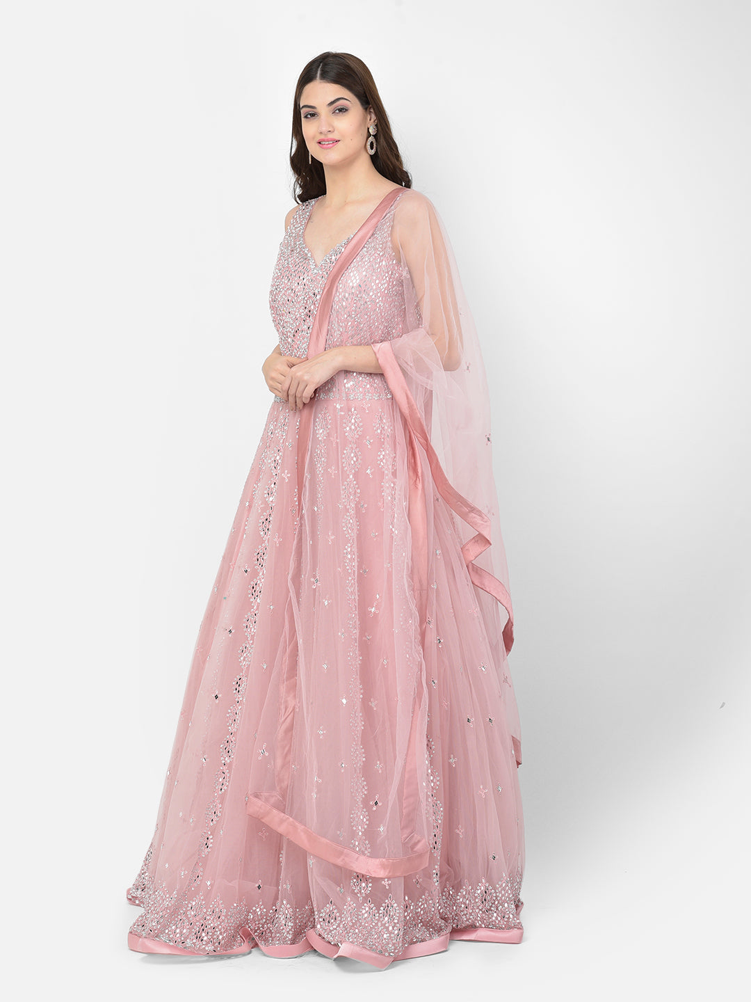 Neerus Pink net mirror work gown - back view