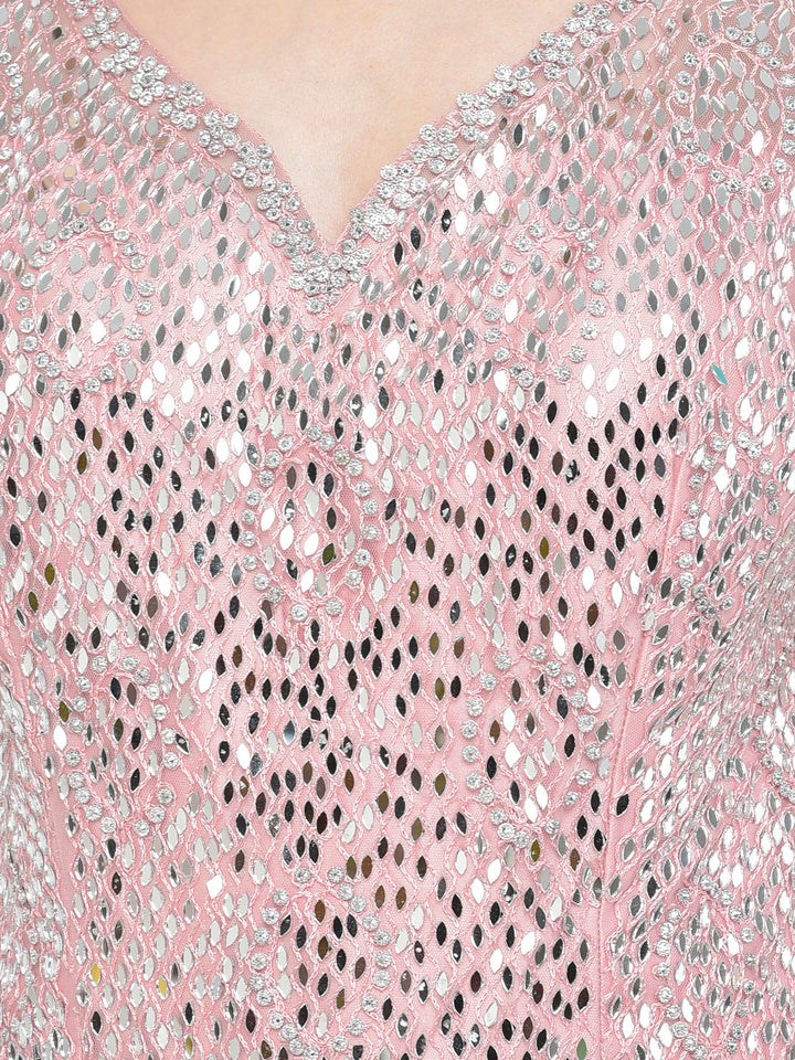 Neerus Pink net mirror work gown - detail view 2