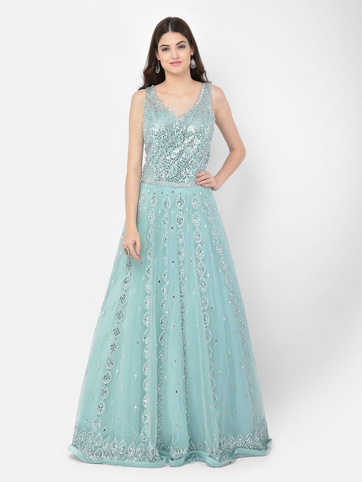 Neerus Green net mirror work gown - detail view 4