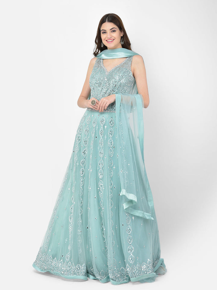 Neerus Green net mirror work gown - front view