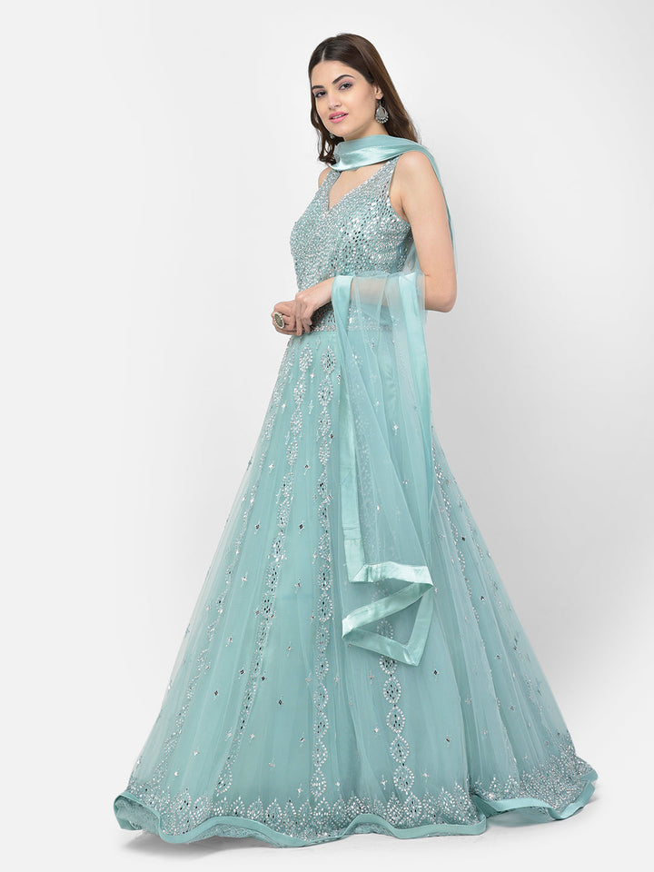Neerus Green net mirror work gown - back view