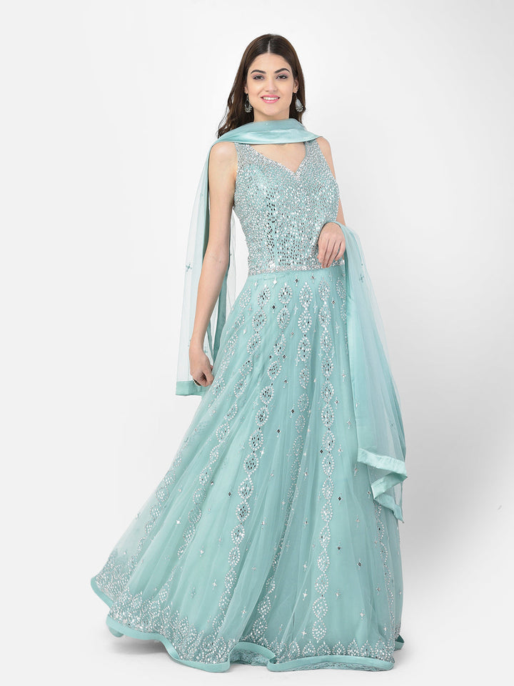 Neerus Green net mirror work gown - side view