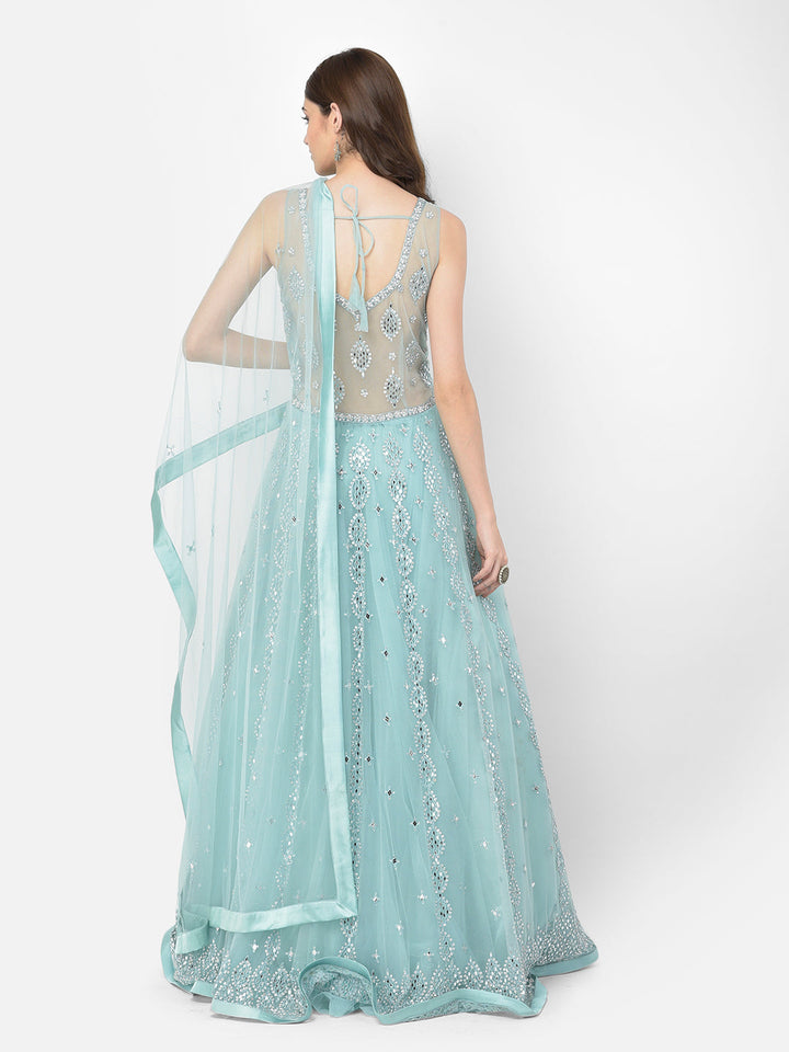 Neerus Green net mirror work gown - detail view 1