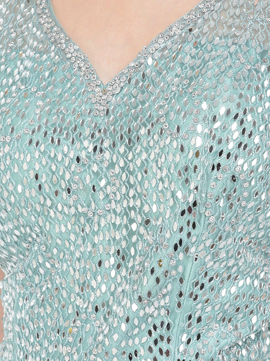 Neerus Green net mirror work gown - detail view 2
