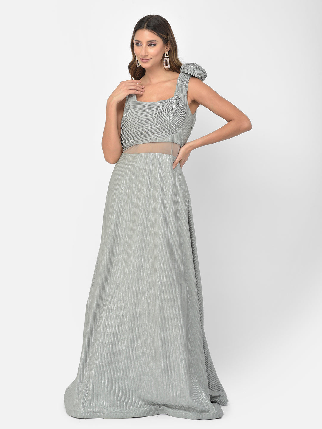 Neerus Green embellished flared gown - detail view 4