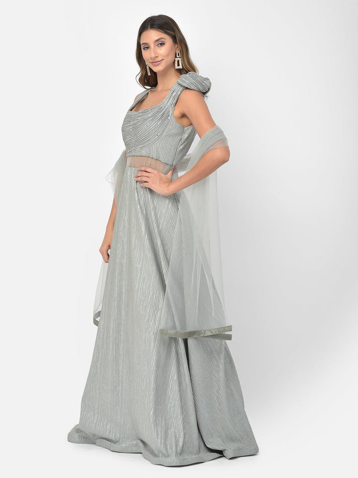 Neerus Green embellished flared gown - back view