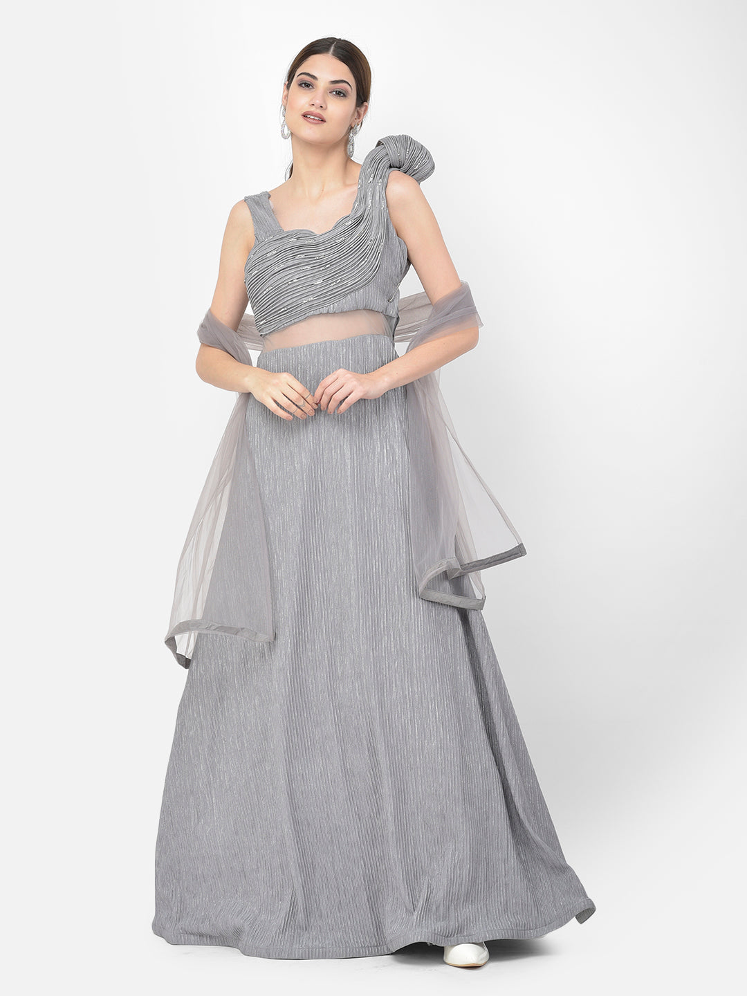 Neerus Grey polyester embellished gown - back view