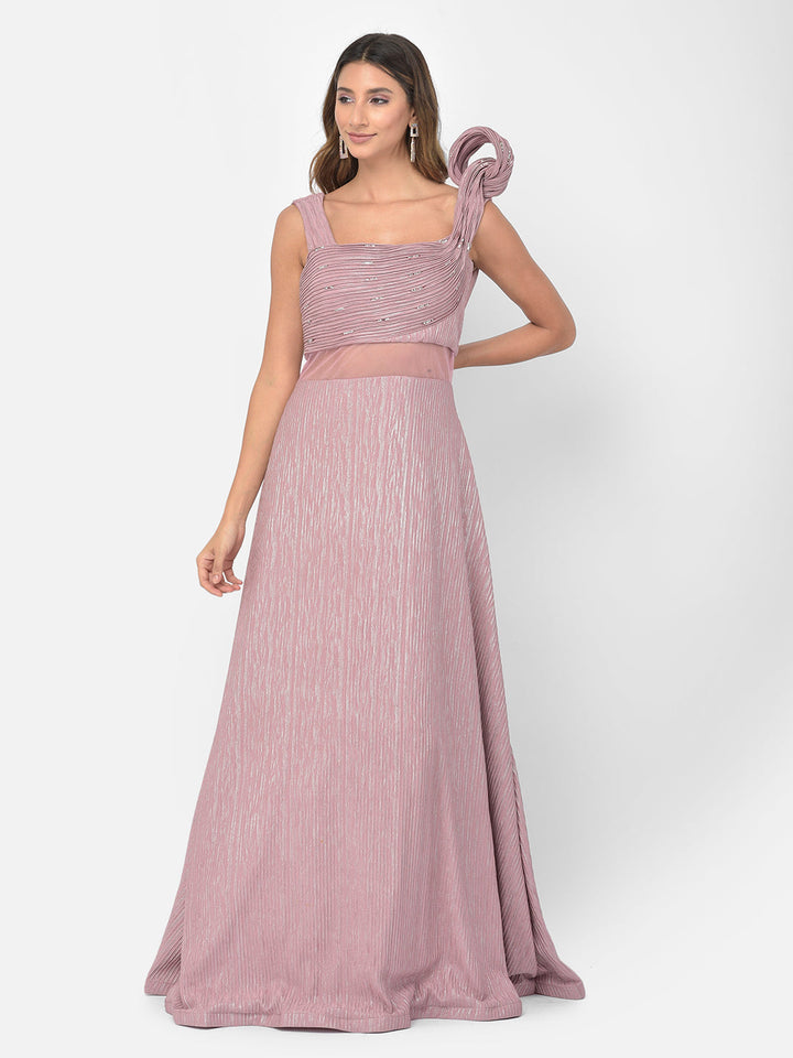 Neerus Pink embellished flared gown - front view