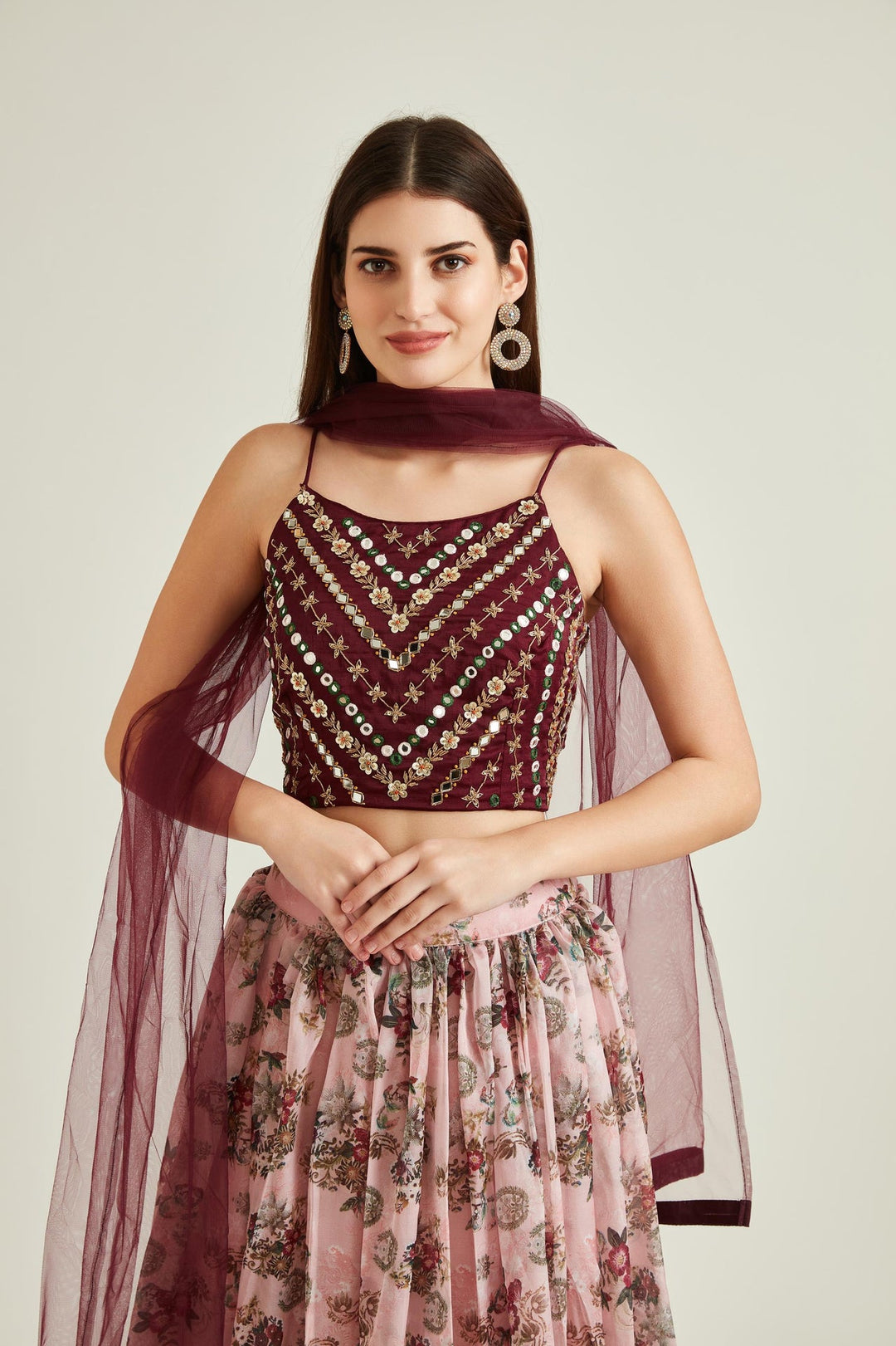 Neerus Orange crepe embellished lehenga set - side view