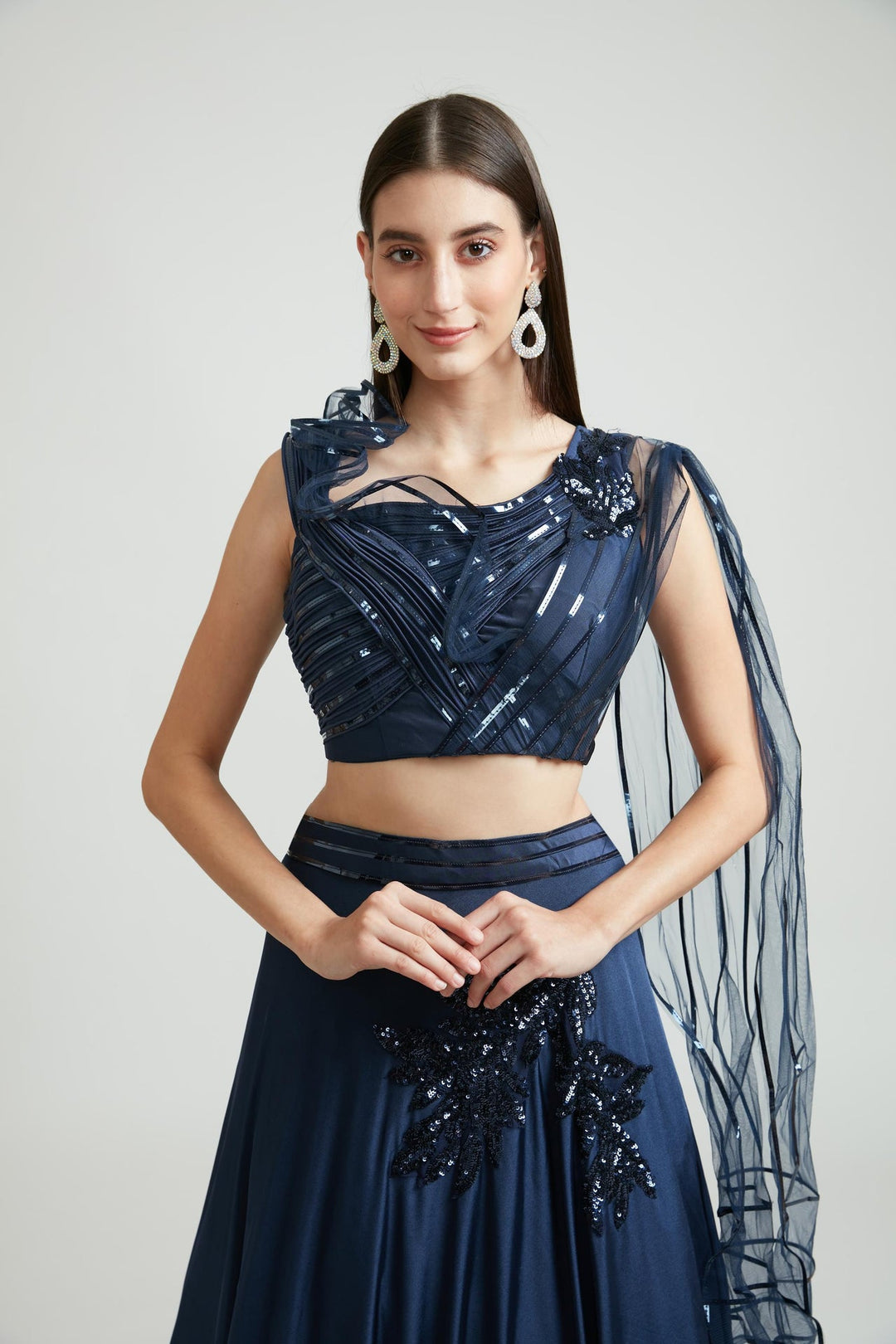 Neerus Blue polyester embellished lehenga choli set - back view