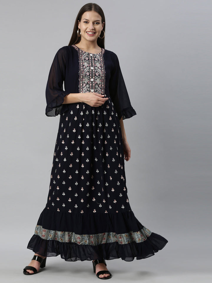Neerus Blue Georgette Embroidered Anarkali Kurta - detail view 7