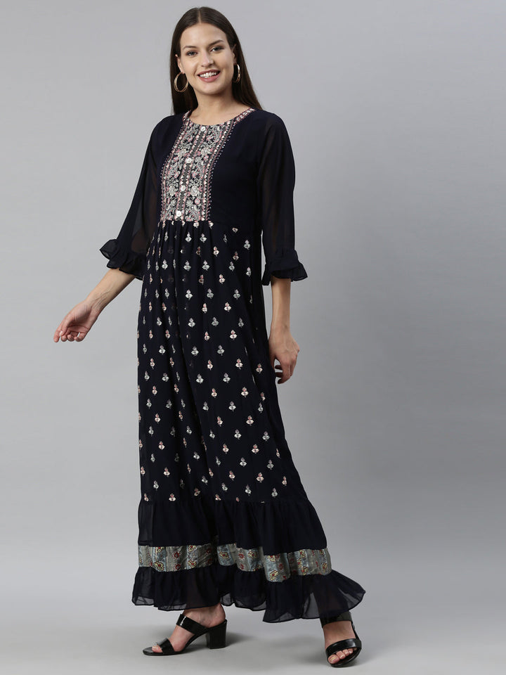 Neerus Blue Georgette Embroidered Anarkali Kurta - side view
