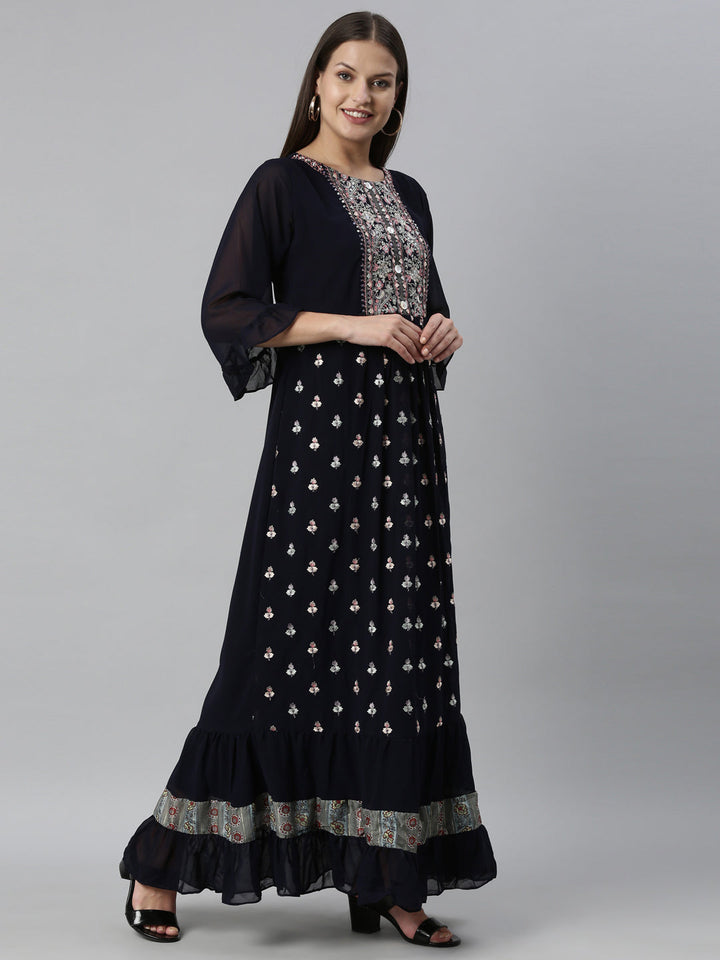 Neerus Blue Georgette Embroidered Anarkali Kurta - detail view 1