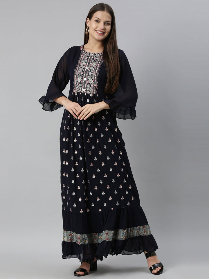 Neerus Blue Georgette Embroidered Anarkali Kurta - detail view 3