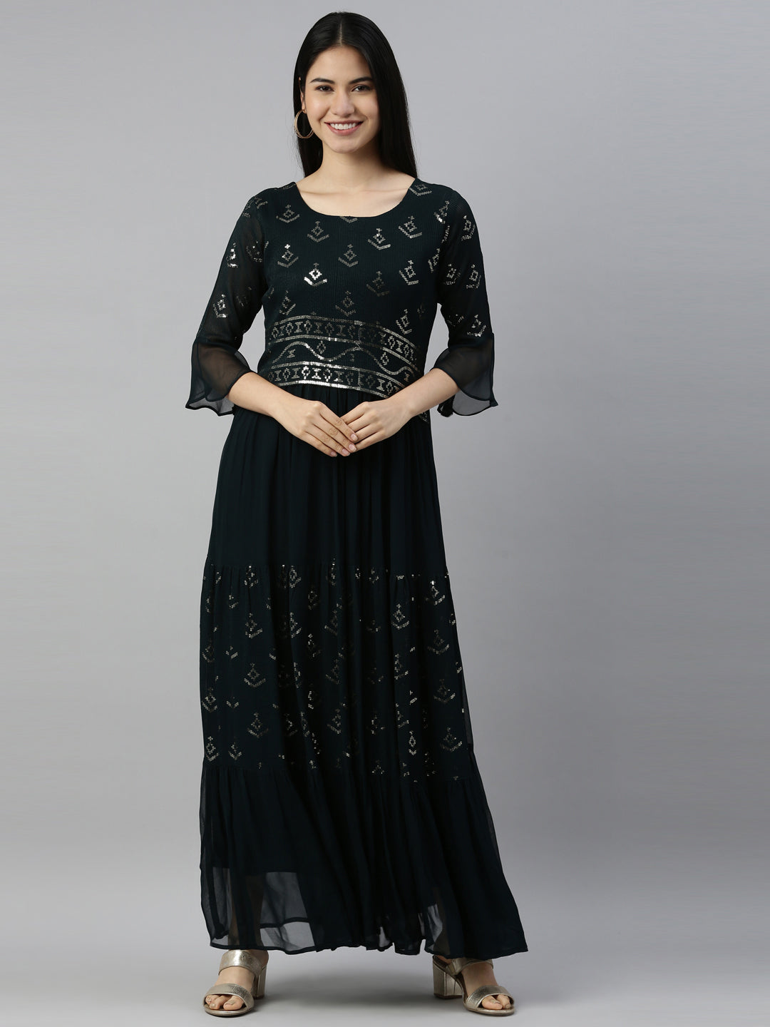 Neerus Green chiffon printed kurti - front view