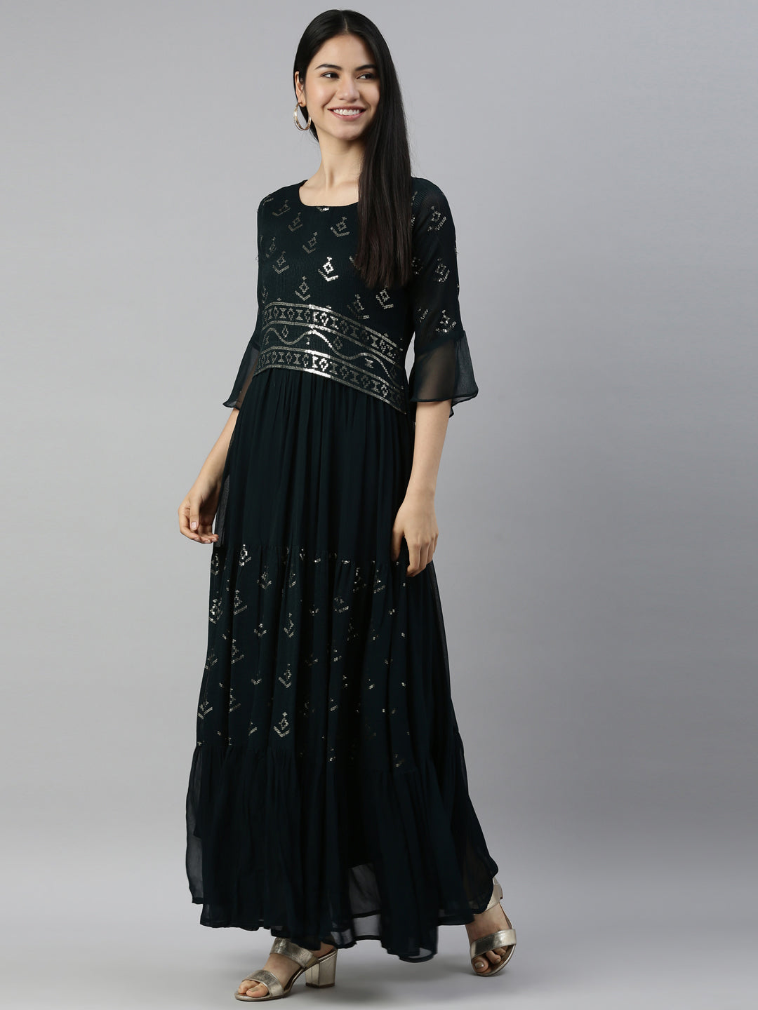 Neerus Green chiffon printed kurti - side view