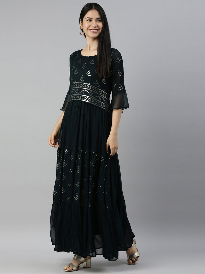 Neerus Green chiffon printed kurti - side view