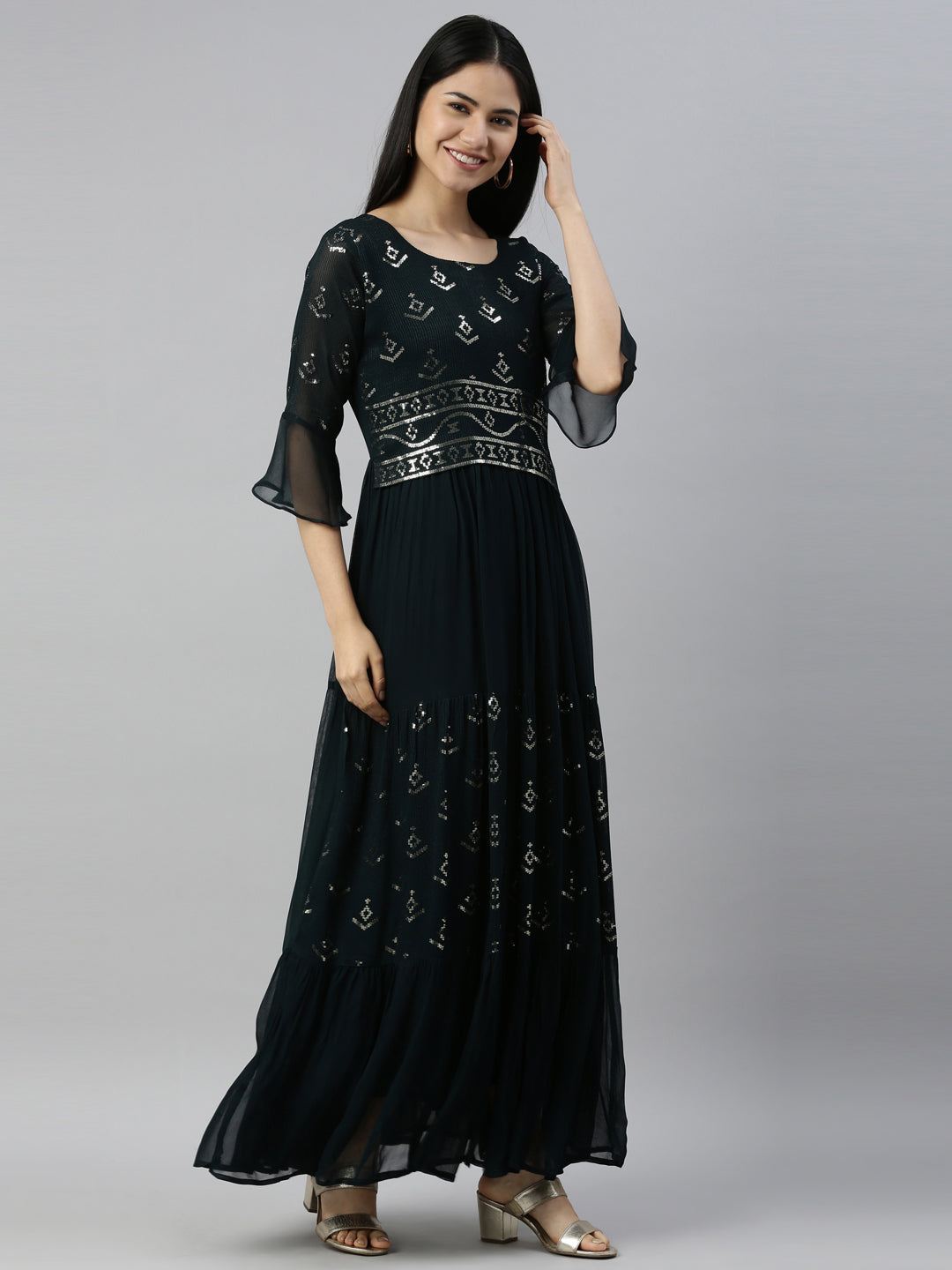Neerus Green chiffon printed kurti - detail view 1