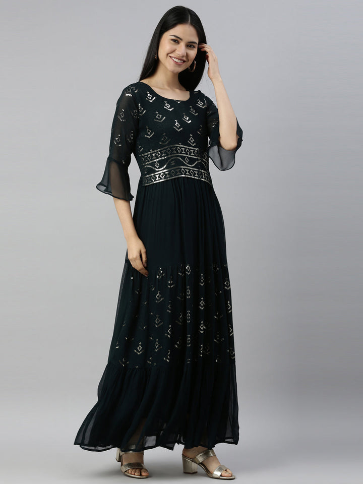 Neerus Green chiffon printed kurti - detail view 1