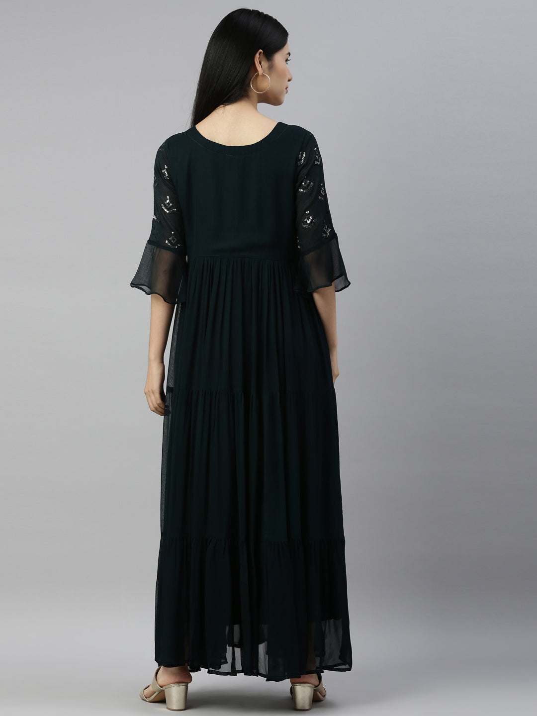Neerus Green chiffon printed kurti - detail view 2