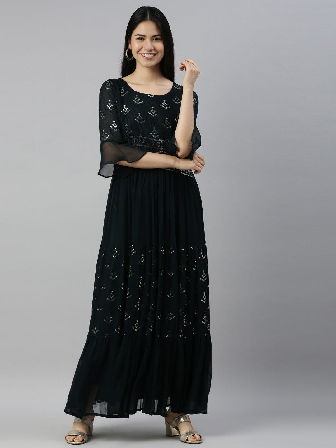 Neerus Green chiffon printed kurti - detail view 3