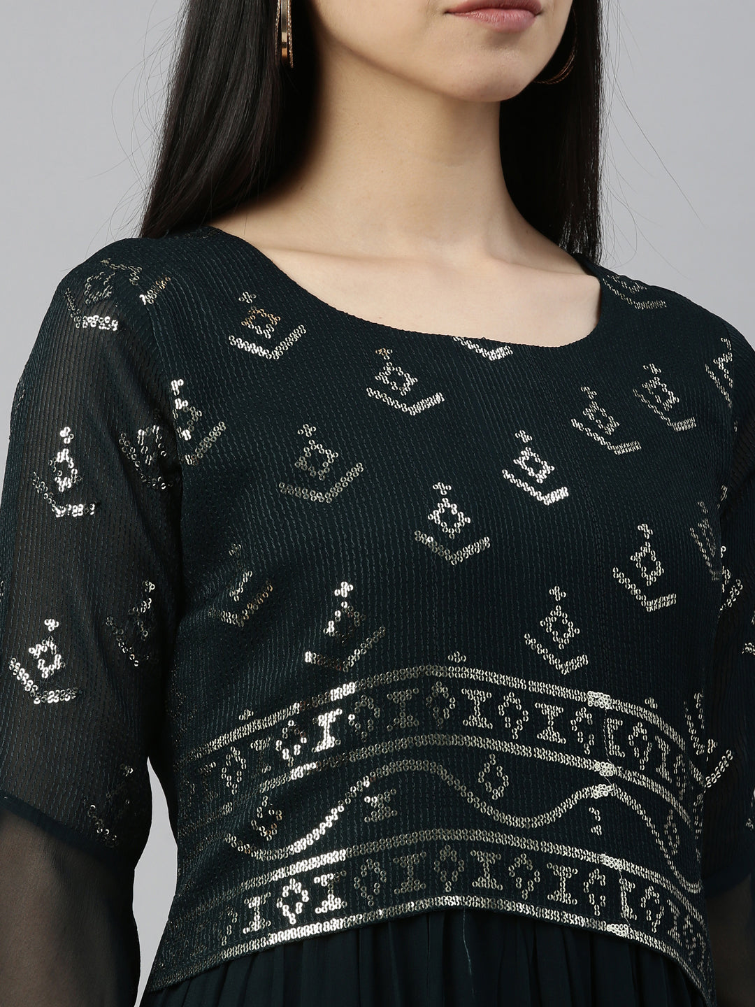 Neerus Green chiffon printed kurti - detail view 5