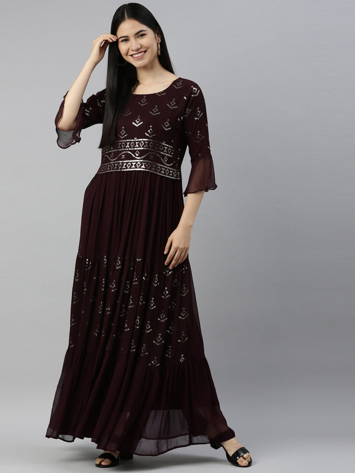 Neerus Maroon chiffon kurta - detail view 3