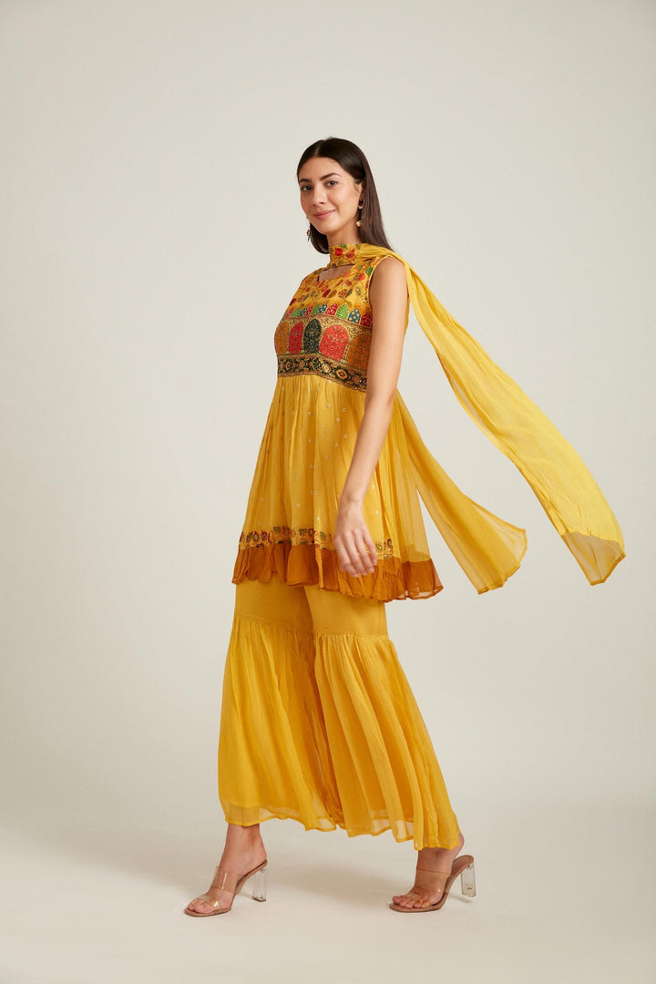 Neerus Yellow georgette printed kurta set - front view